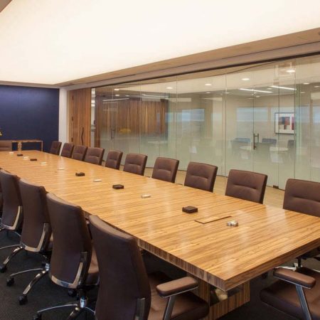 Demonstration of translucent stretch ceilings in a board room.